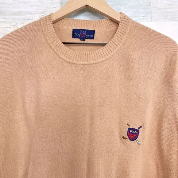 POLO Ralph Lauren Pure Cashmere Sweater Tan Golf Shield Logo Vintage Mens XL